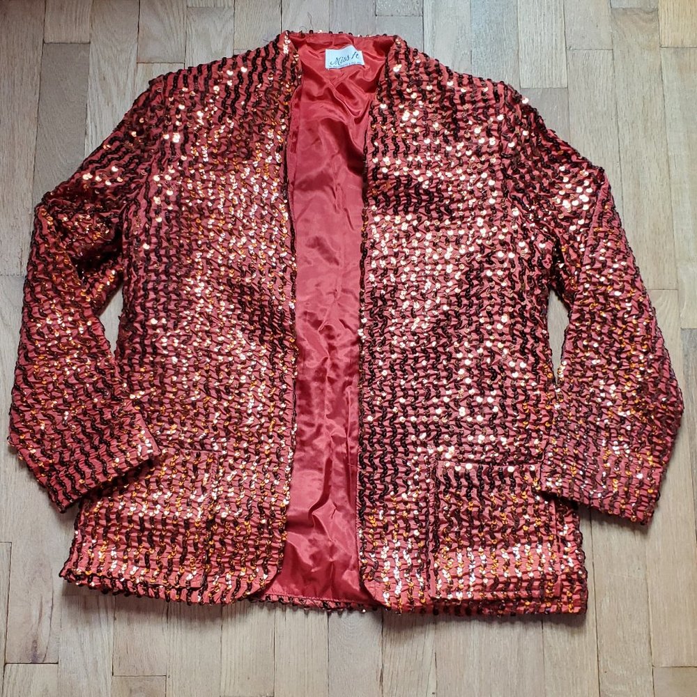 Vintage Miss H 70's 1970's Bright Orange Sequin Blazer Jacket Art To Wear